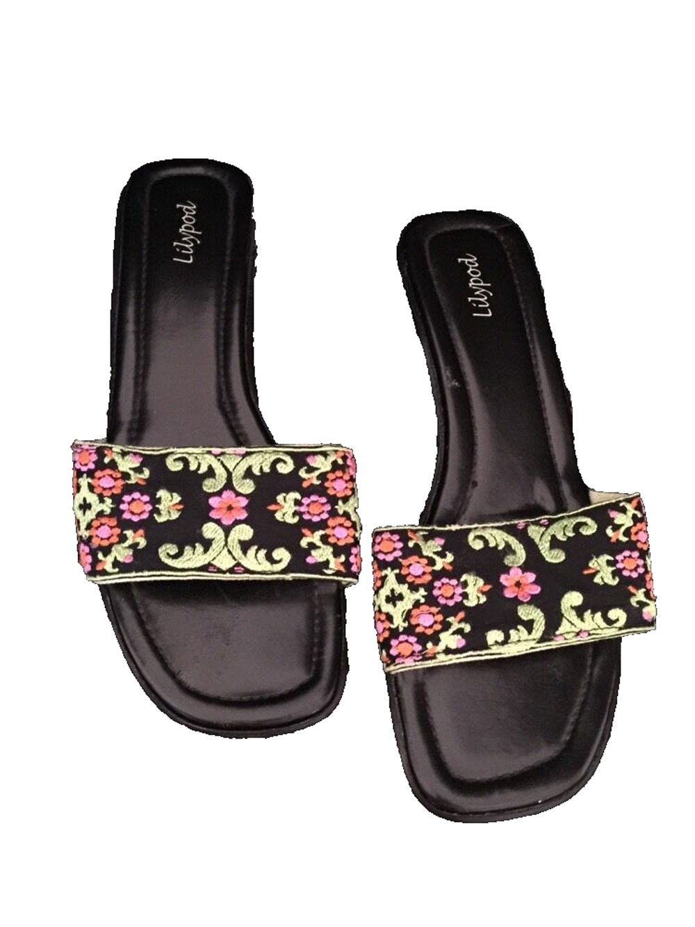 Size 36 (size 6) Lilypod Sandal Slides Black with Green Embroidered Womens
